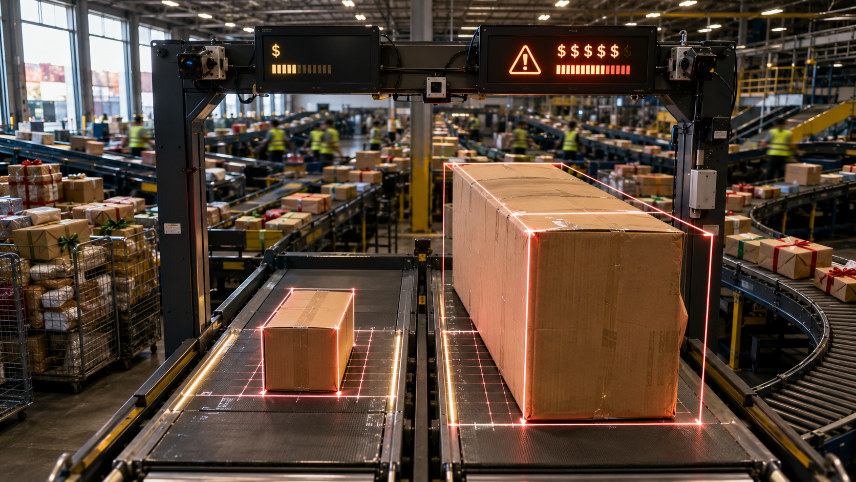 Holiday parcel sorting center scanning small and oversized packages for weight and dimensional shipping charges during peak season